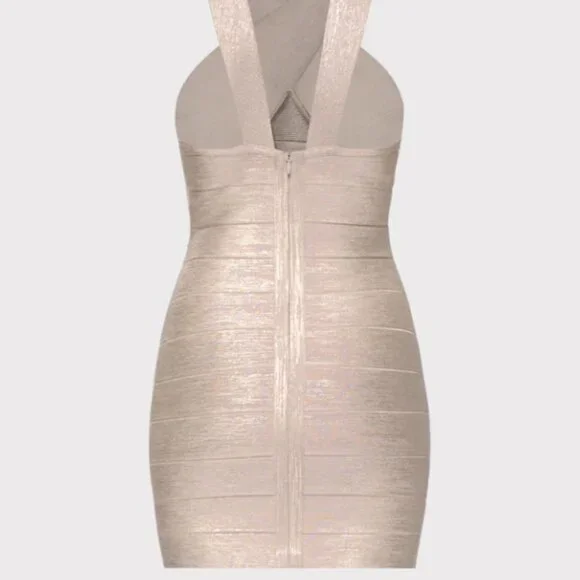 HERVÉ LÉGER Glitter Foil Halter Mini Dress – S – Rose Gold Foil